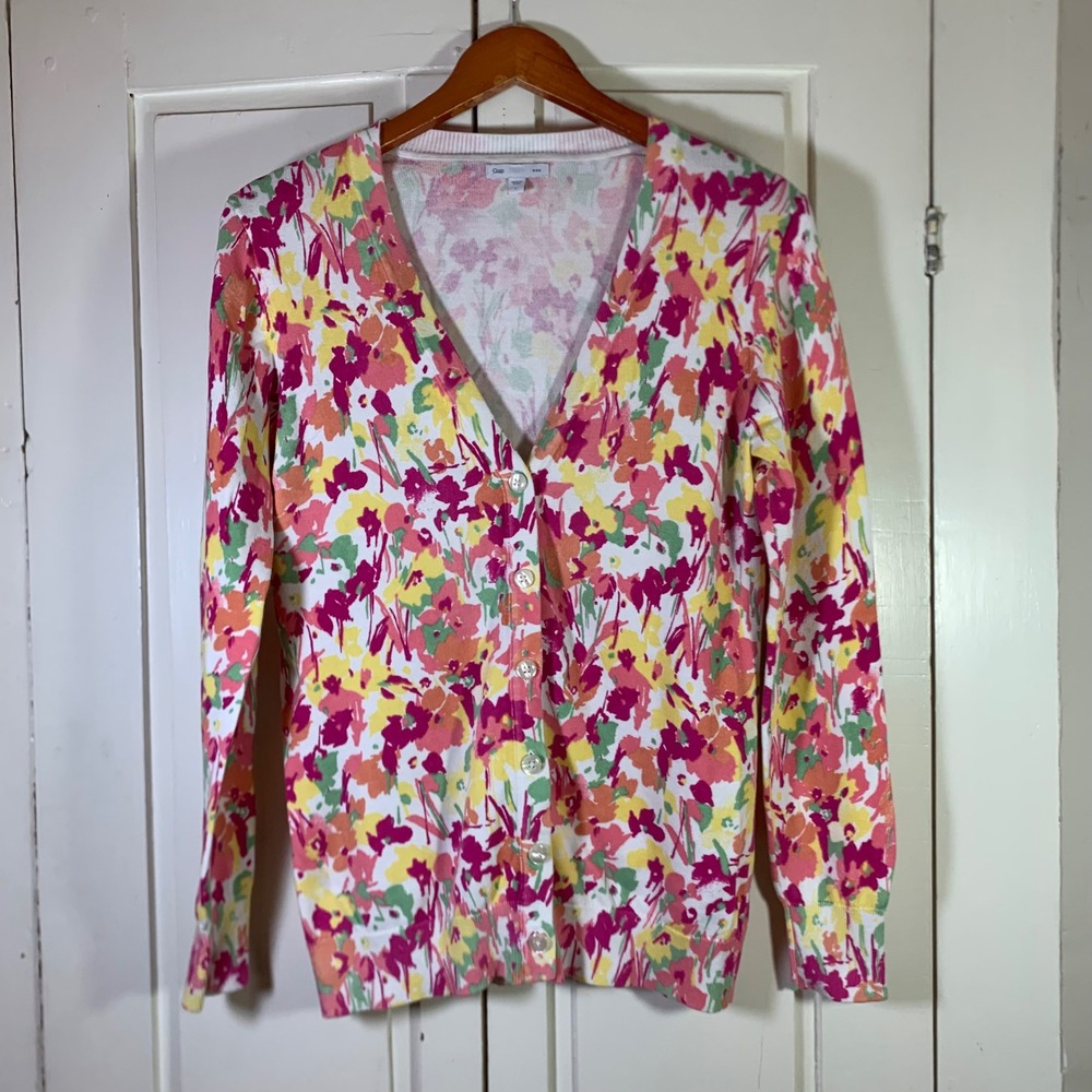 Gap Womens Floral Cardigan Sweater Pink Orange Yellow Cotton V-Neck Large